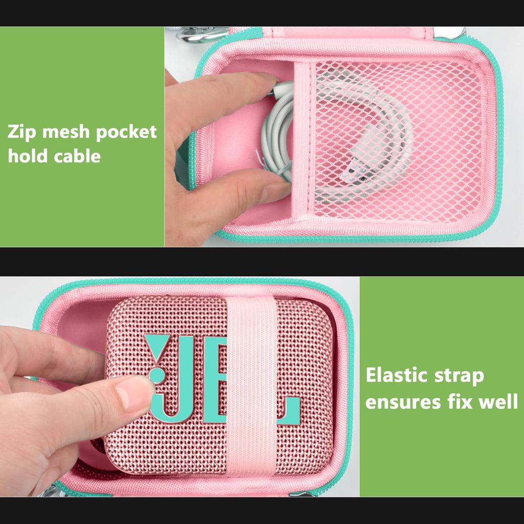 Pink and mint green speaker case interior with mesh cable pocket and elastic strap holding a JBL Go speaker