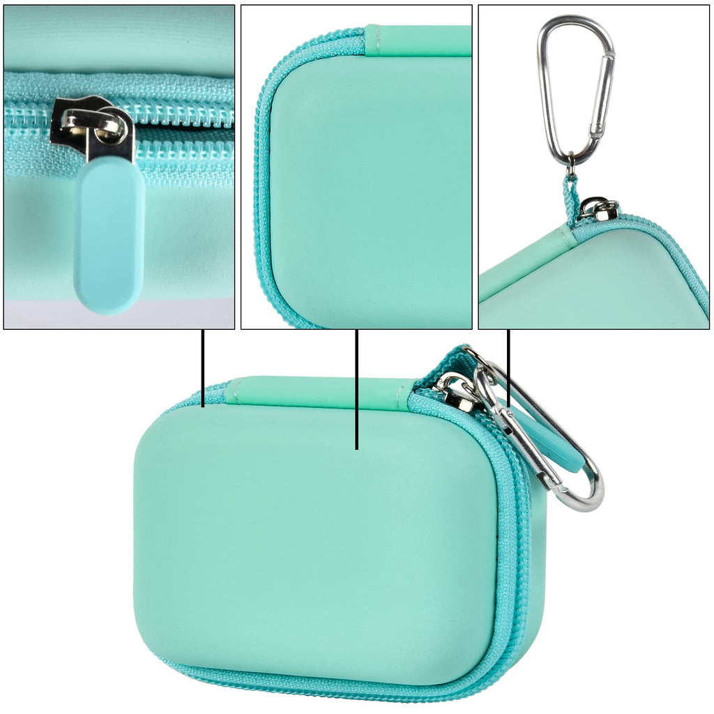Mint green mini power bank case with protective shell, zipper, and carabiner details