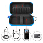 Open blue MP3 and MP4 player case with molded padding, mesh pocket, and elastic straps