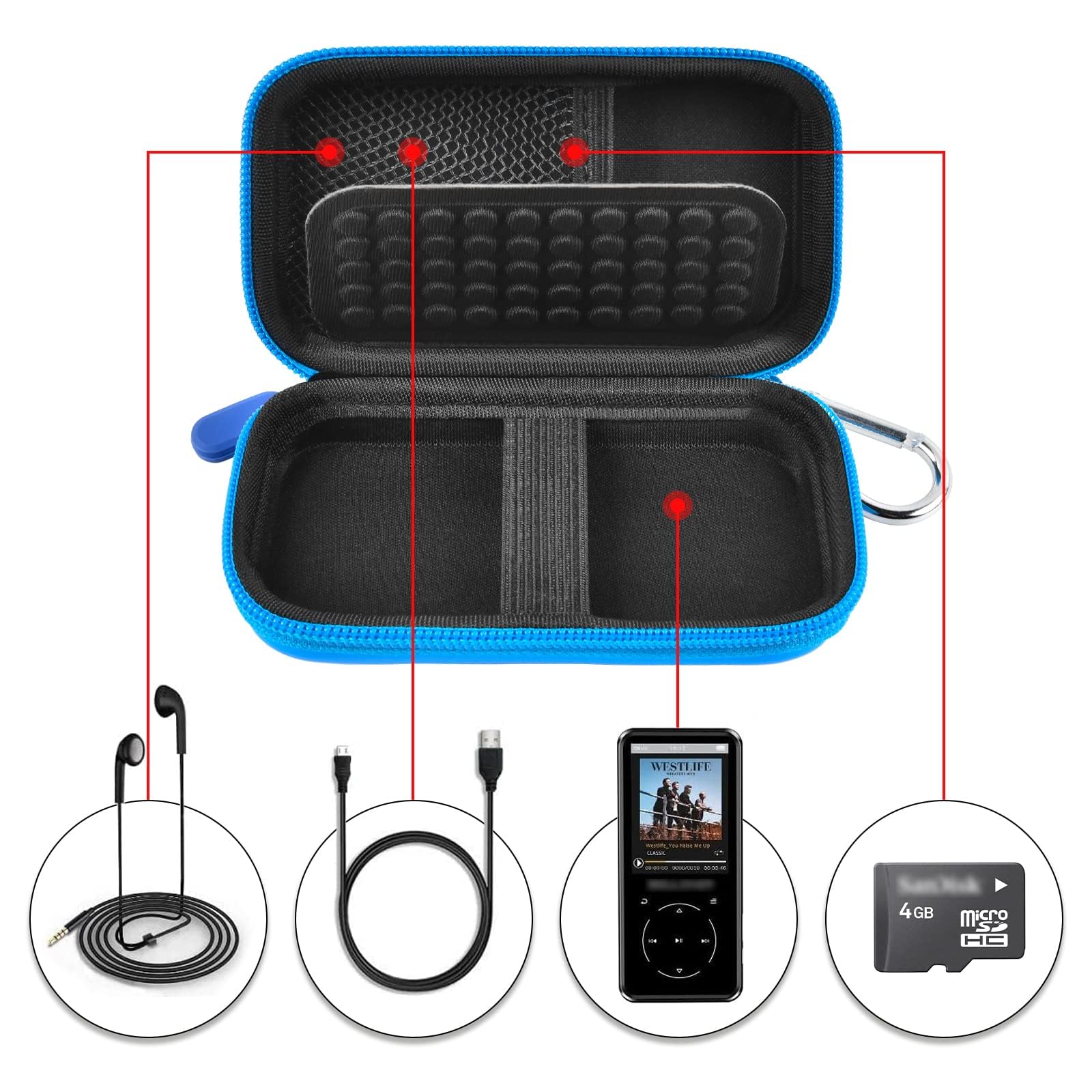 Open blue MP3 and MP4 player case with molded padding, mesh pocket, and elastic straps