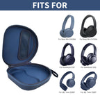 Open navy blue headphone case shown with compatible Sony and JBL over-ear headphones