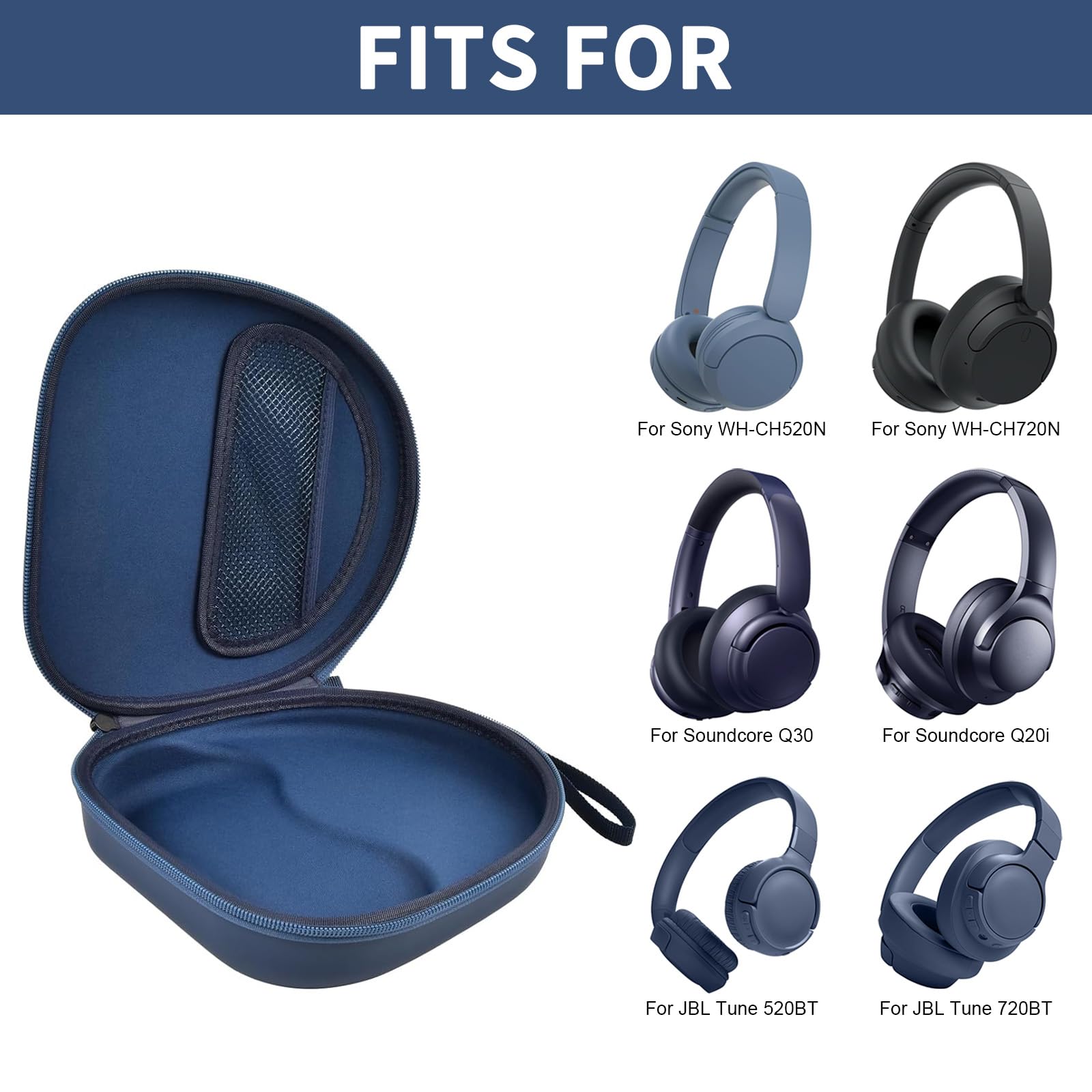 Open navy blue headphone case shown with compatible Sony and JBL over-ear headphones