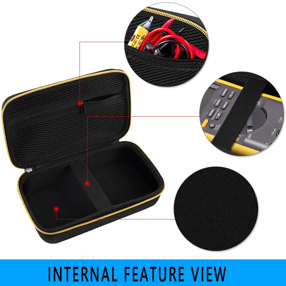 Black and yellow multimeter case interior with mesh accessory pocket and protective divider