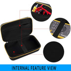 Black and yellow multimeter case interior with mesh accessory pocket and protective divider