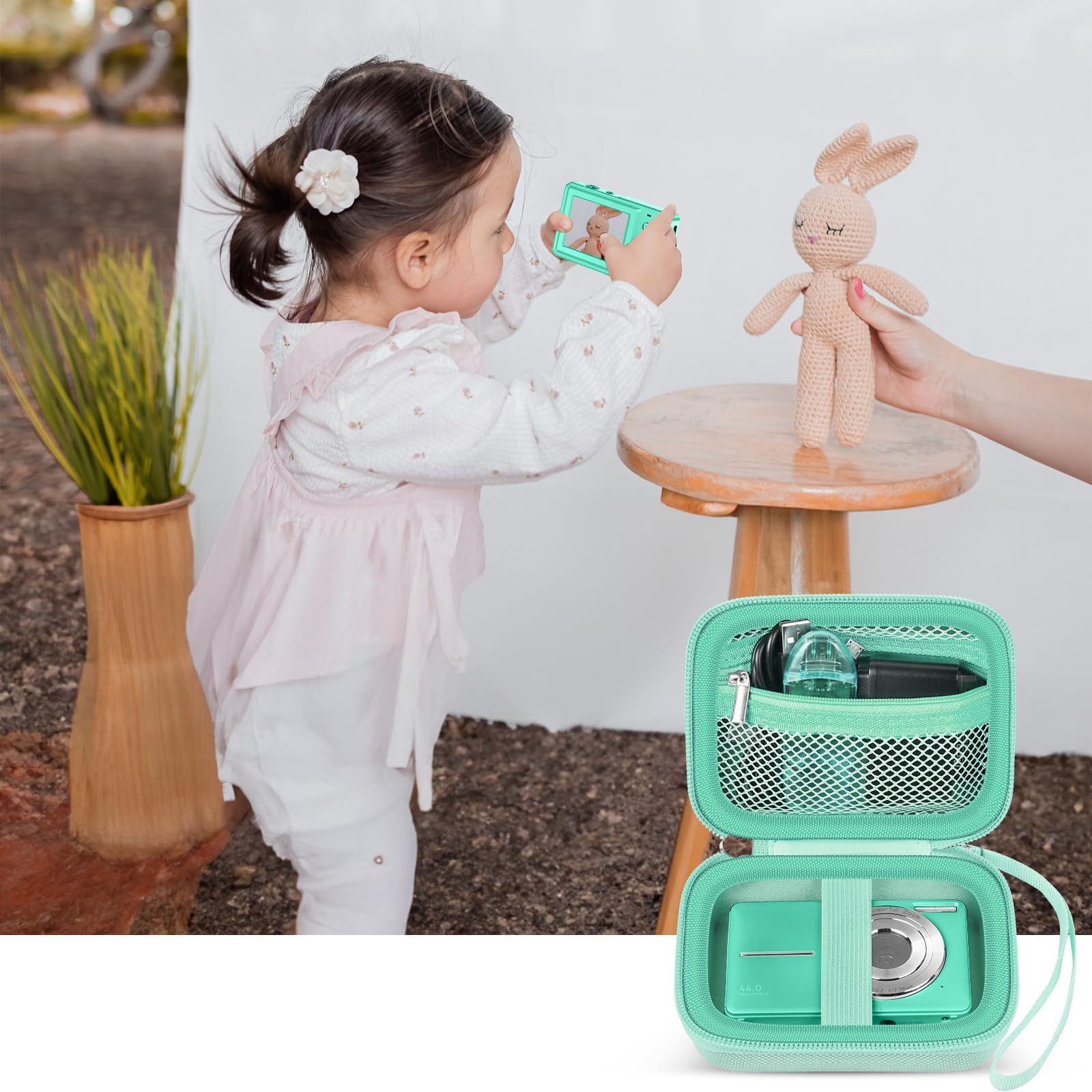 Mint green protective digital camera case shown beside a child using a compact camera