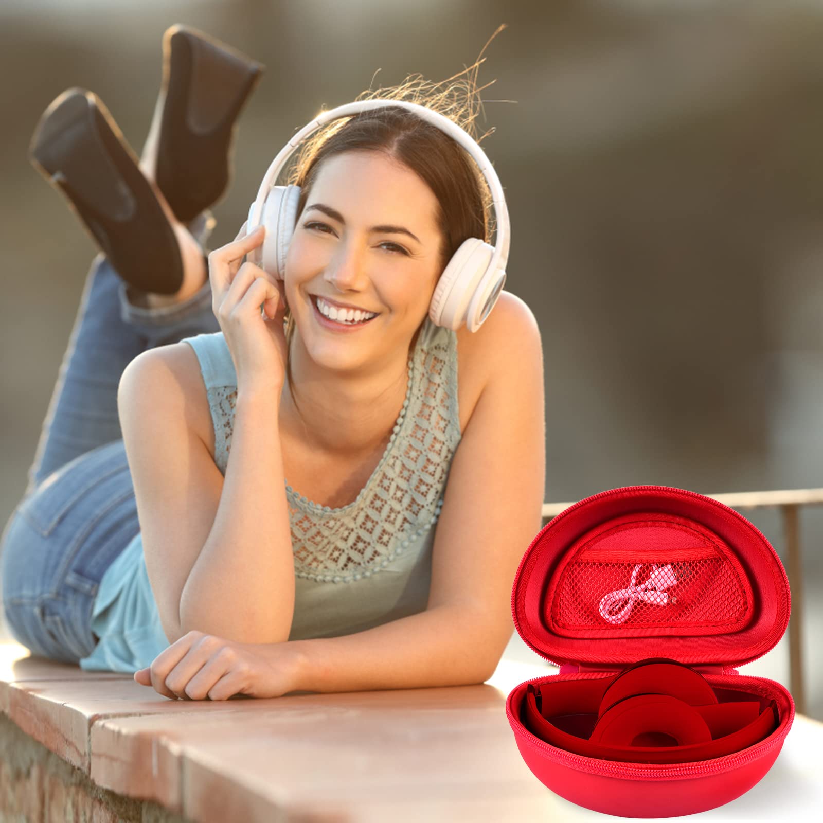 Woman wearing headphones beside the open red carrying case