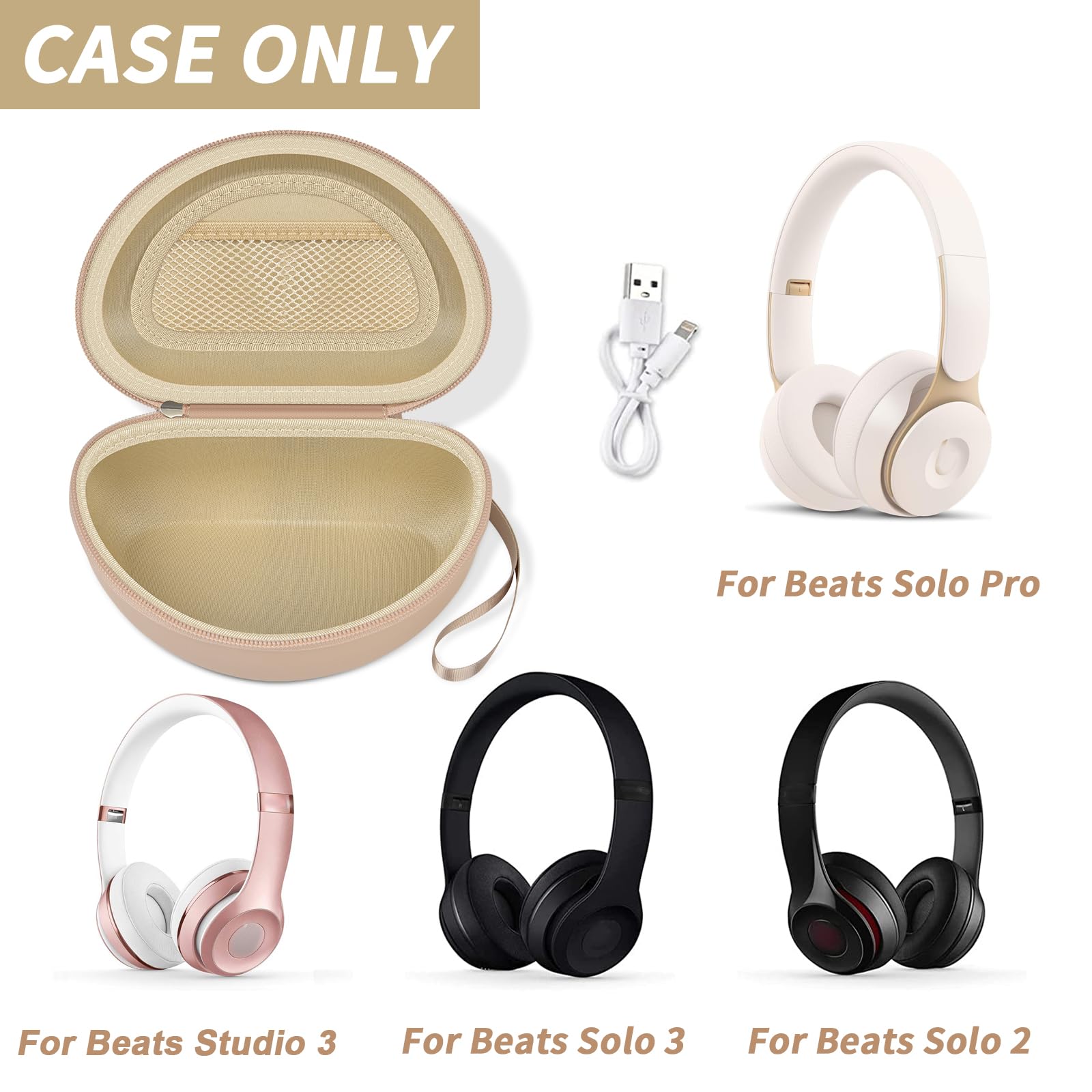Open beige foldable headphone case shown with compatible Beats Solo and Studio headphones; case only
