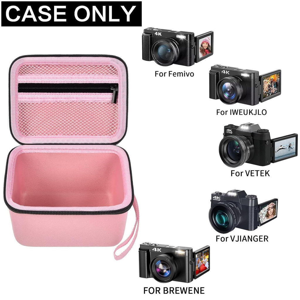 Open pink vlogging camera case with mesh pocket and adjustable interior; case only