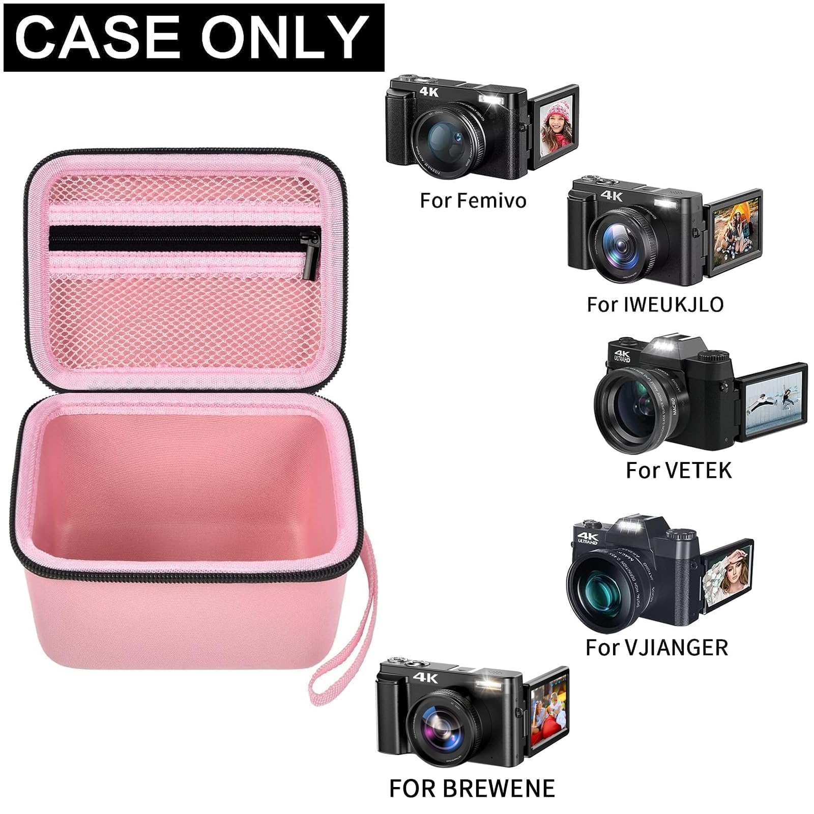 Open pink vlogging camera case with mesh pocket and adjustable interior; case only