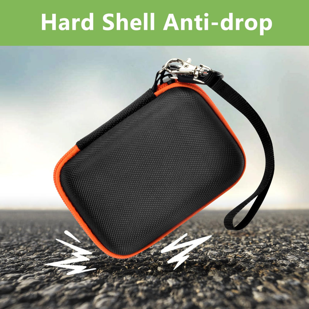 Black and orange hard-shell JBL Go speaker case demonstrating anti-drop protection