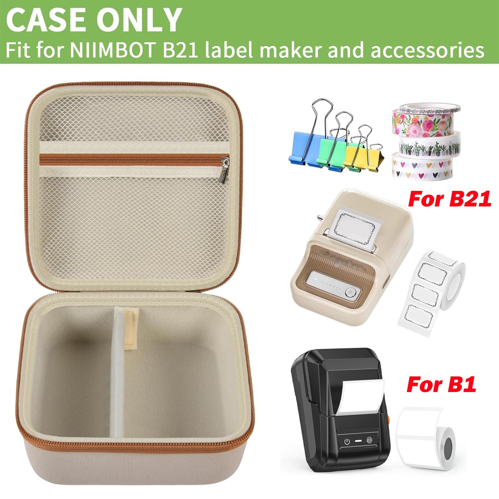 Open beige NIIMBOT B21 and B1 label maker case with mesh pocket and divided interior; case only