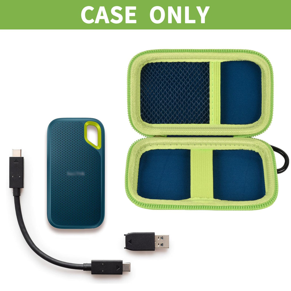 Open navy and green SanDisk SSD case with drive and cable; case only