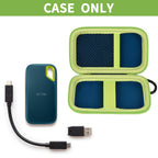 Open navy and green SanDisk SSD case with drive and cable; case only