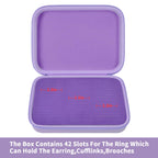 Open purple jewelry organizer showing 42 padded slots for rings and small accessories