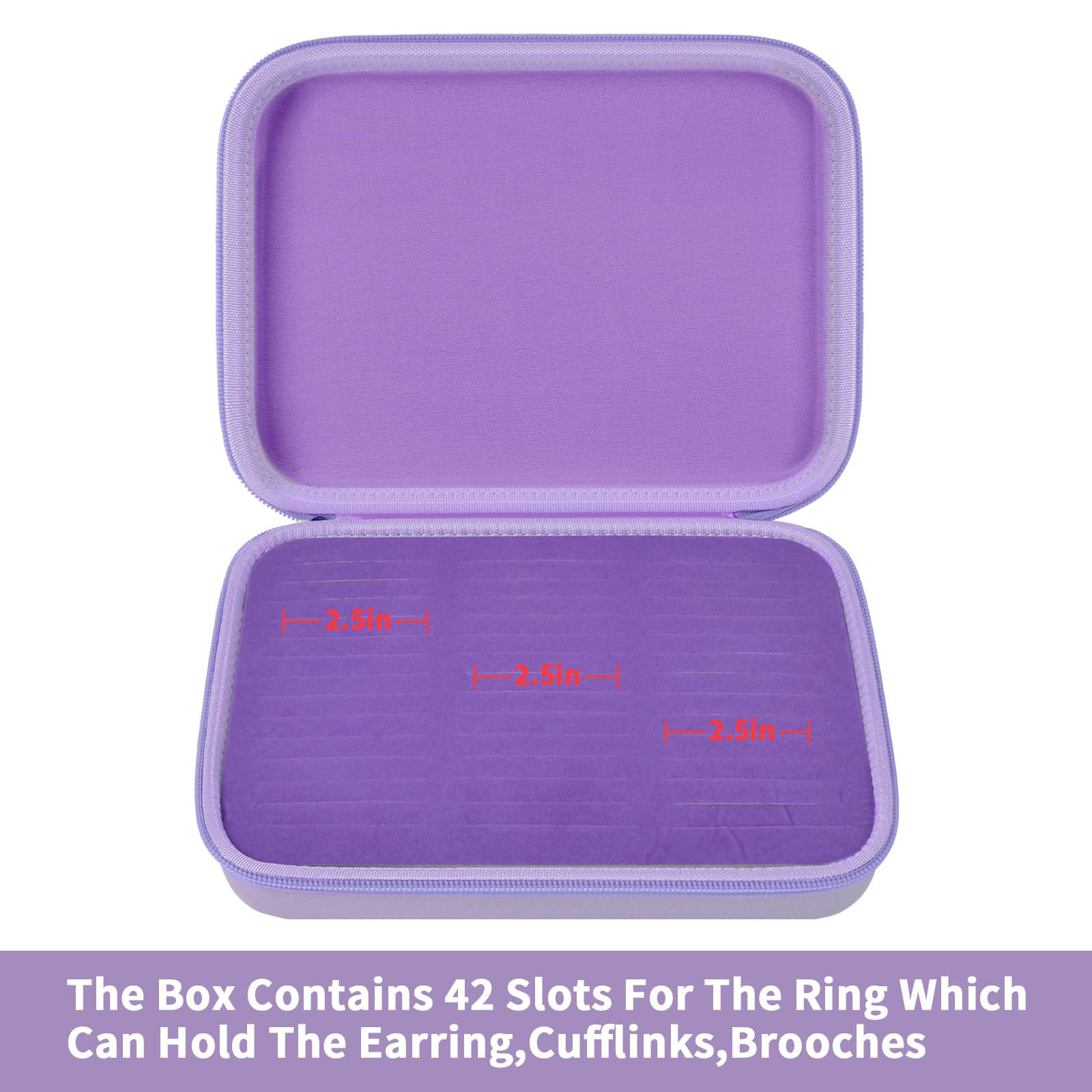 Open purple jewelry organizer showing 42 padded slots for rings and small accessories
