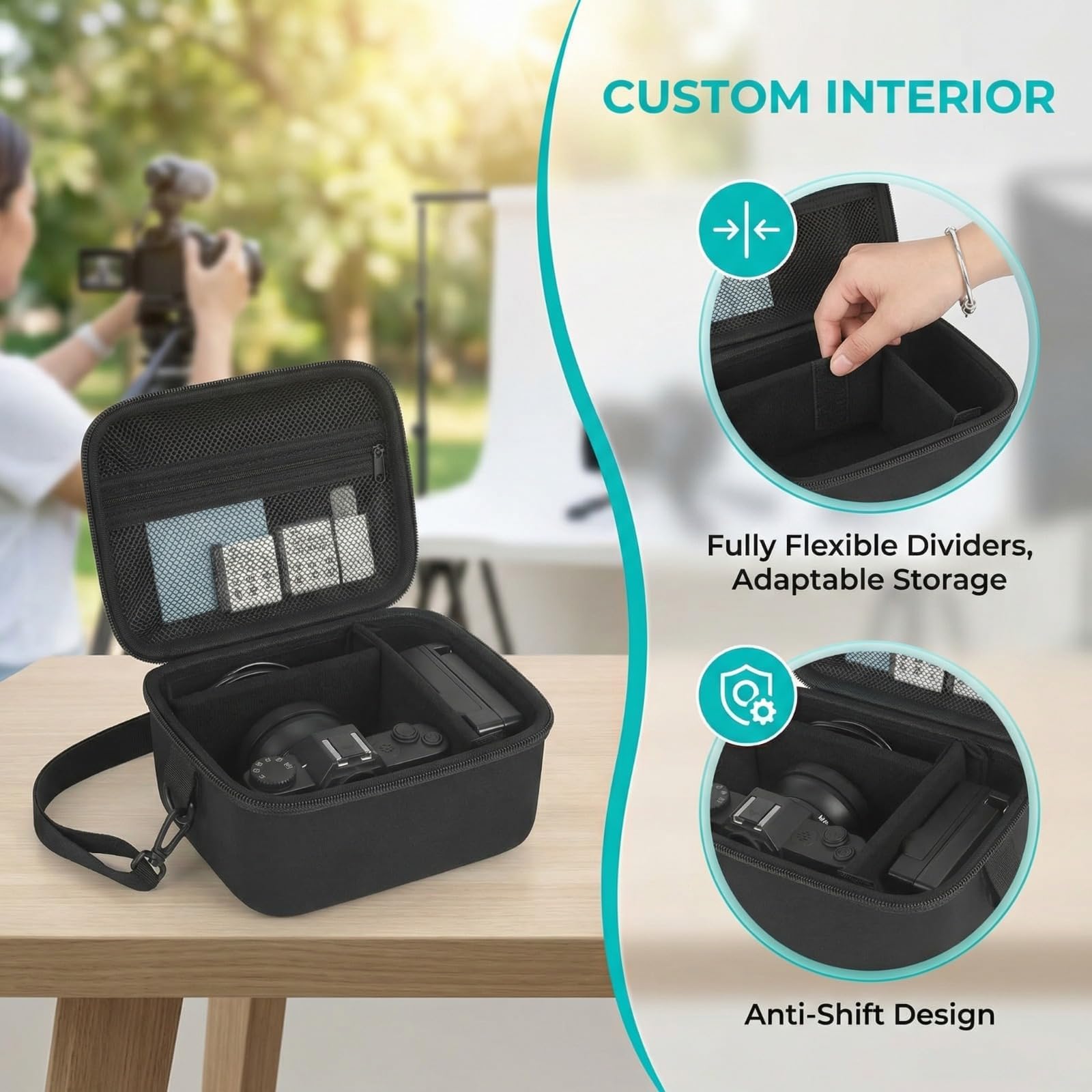 Black camera case with flexible dividers and anti-shift custom interior