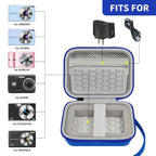 Open blue compact camera case shown with compatible Kodak, Canon, and Sony cameras