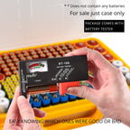 Orange 269-slot battery organizer case included battery tester checking battery condition