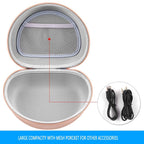 Open rose gold headphone case with large mesh pocket and charging cables
