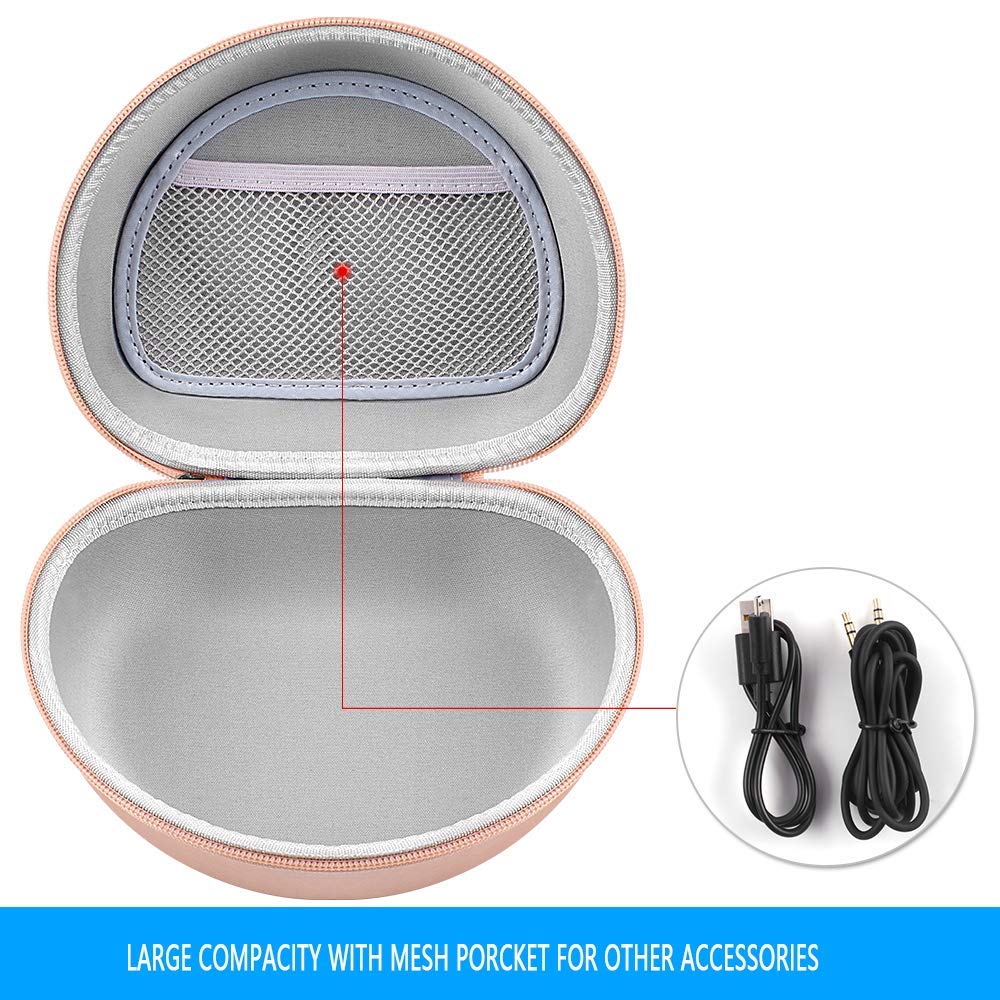 Open rose gold headphone case with large mesh pocket and charging cables