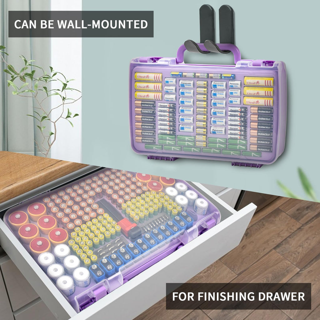 Purple 269-slot battery organizer case wall-mounted and drawer-storage options