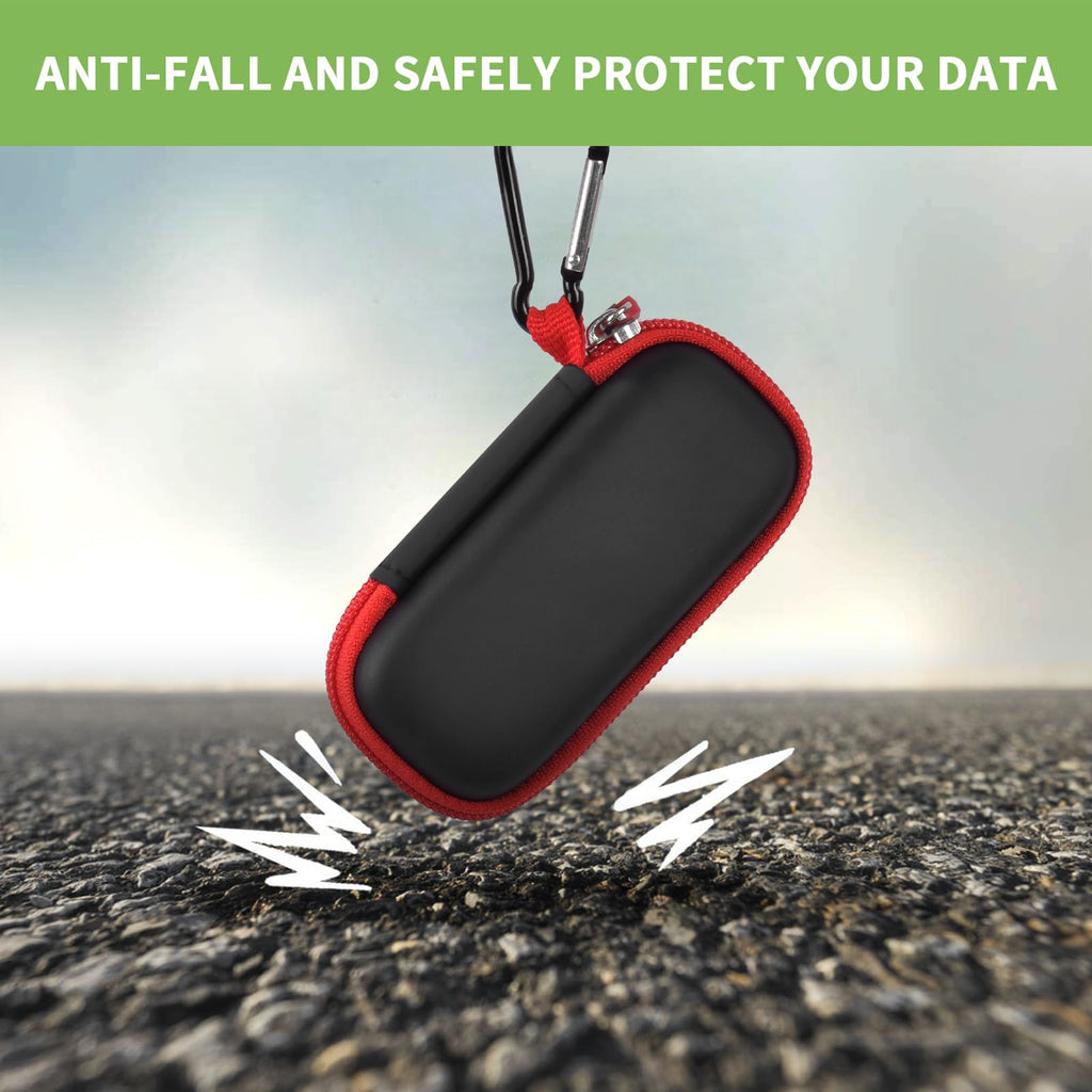 Black and red USB flash drive and SD card storage case drop-protection demonstration