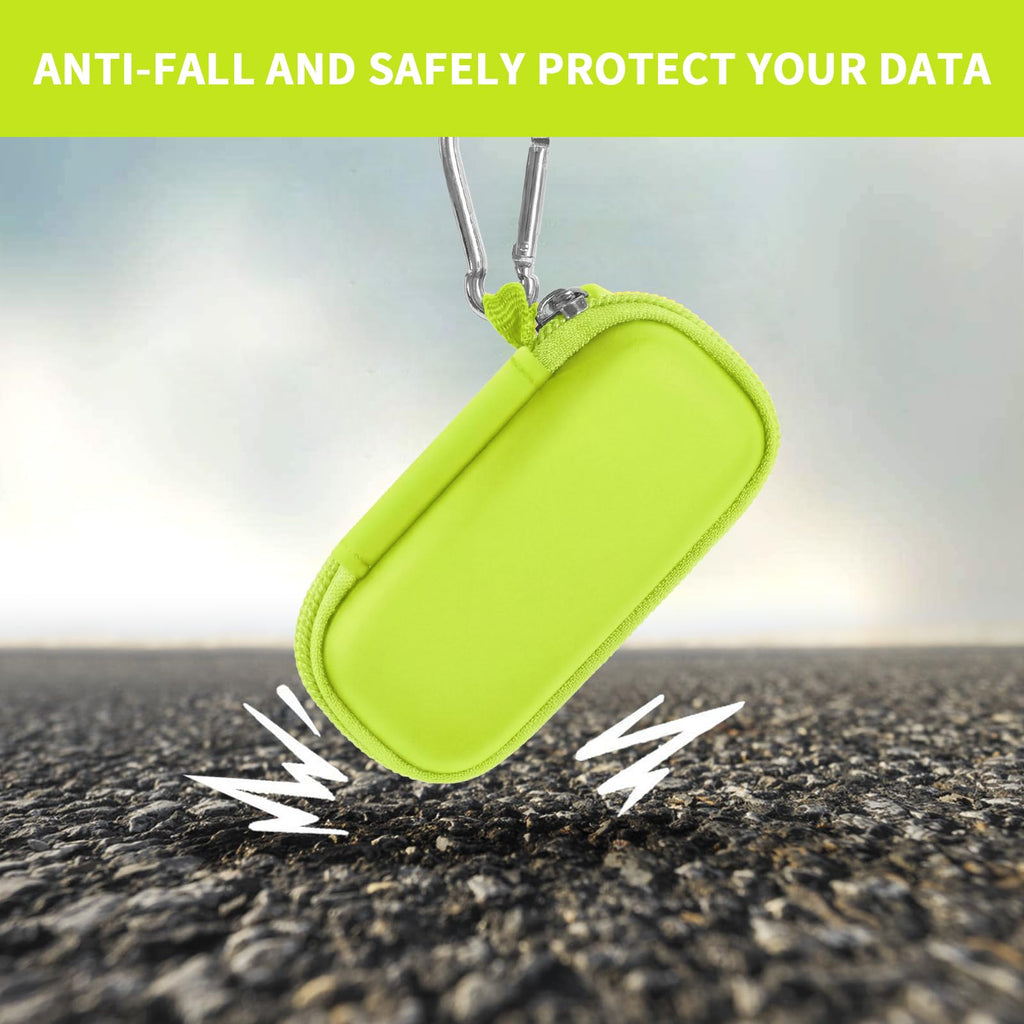 Neon green USB flash drive and SD card storage case drop-protection demonstration