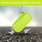Neon green USB flash drive and SD card storage case drop-protection demonstration