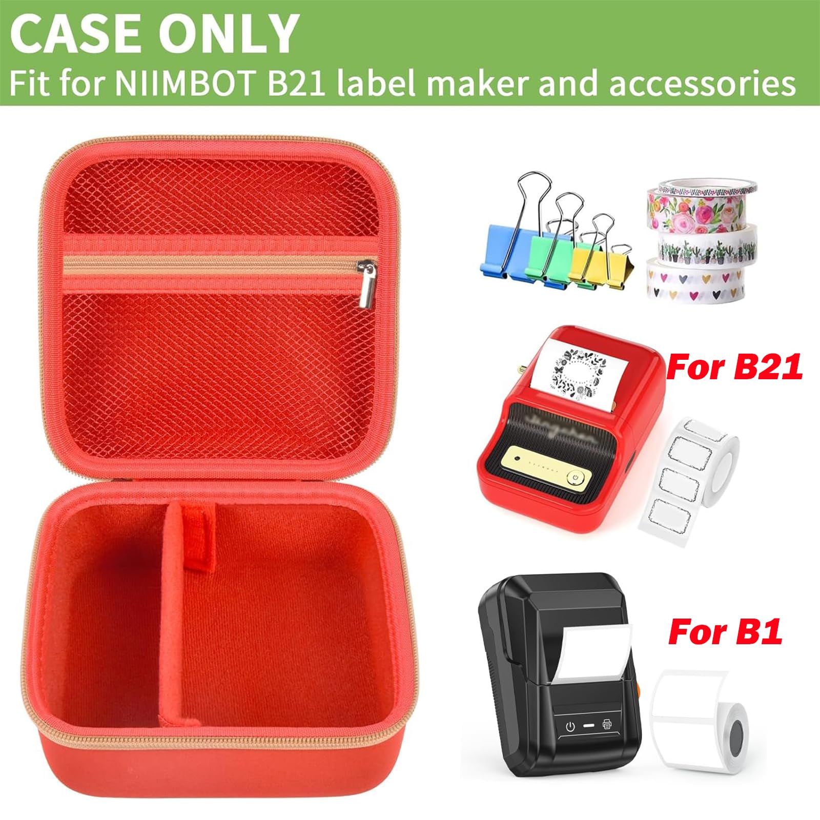Open red NIIMBOT B21 and B1 label maker case with mesh pocket and divided interior; case only
