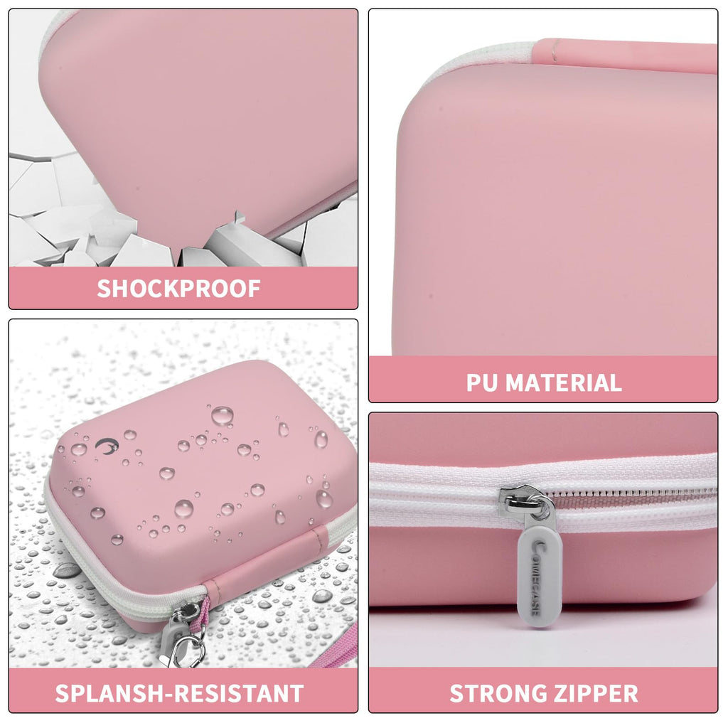 Light pink camera case with shockproof PU shell, splash resistance, and strong zipper