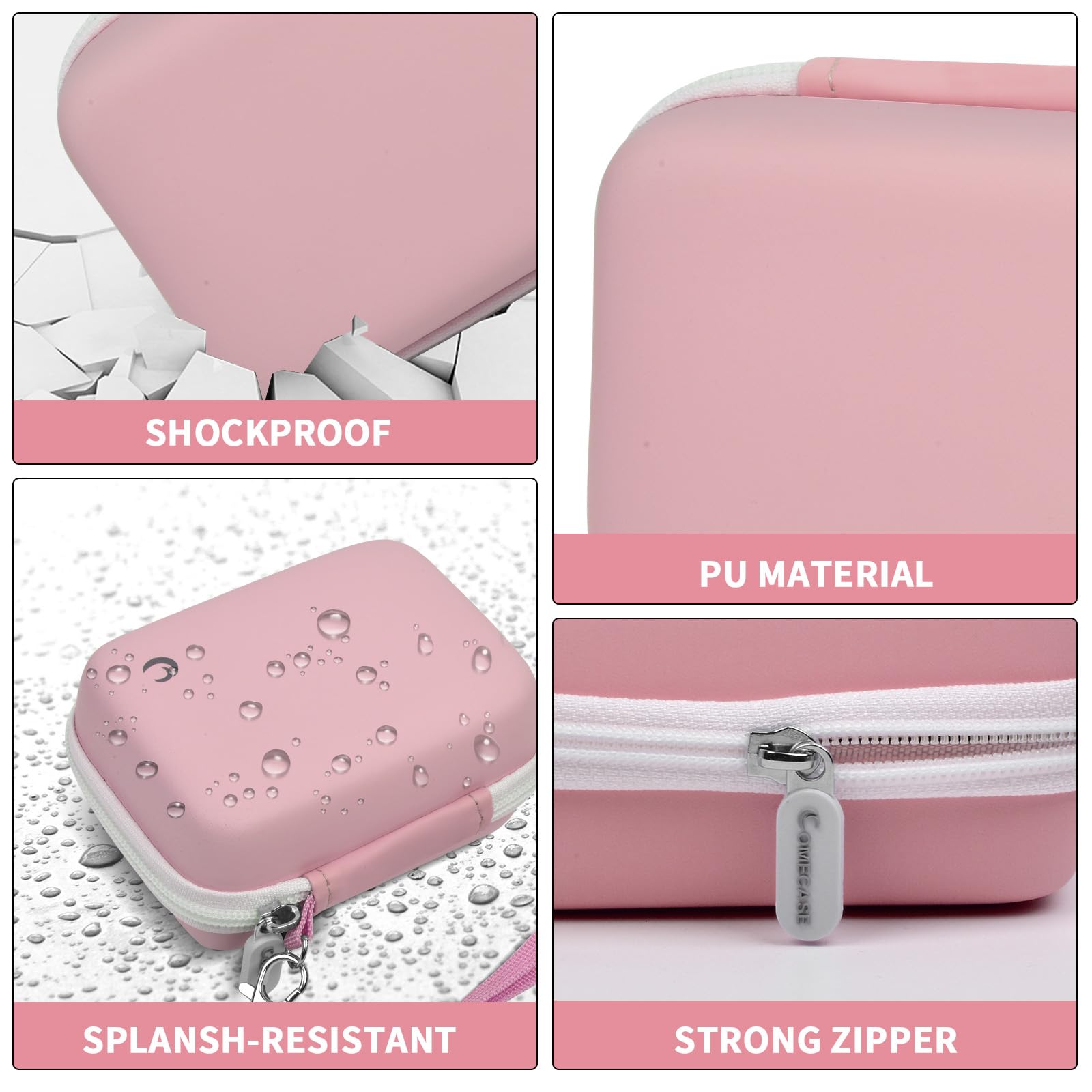 Light pink camera case with shockproof PU shell, splash resistance, and strong zipper