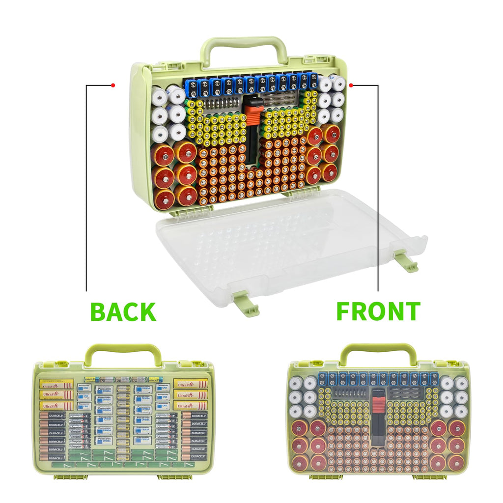 Lime green 269-slot battery organizer case double-sided front and back storage layout