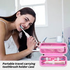 Woman using an electric toothbrush beside the open pink travel case