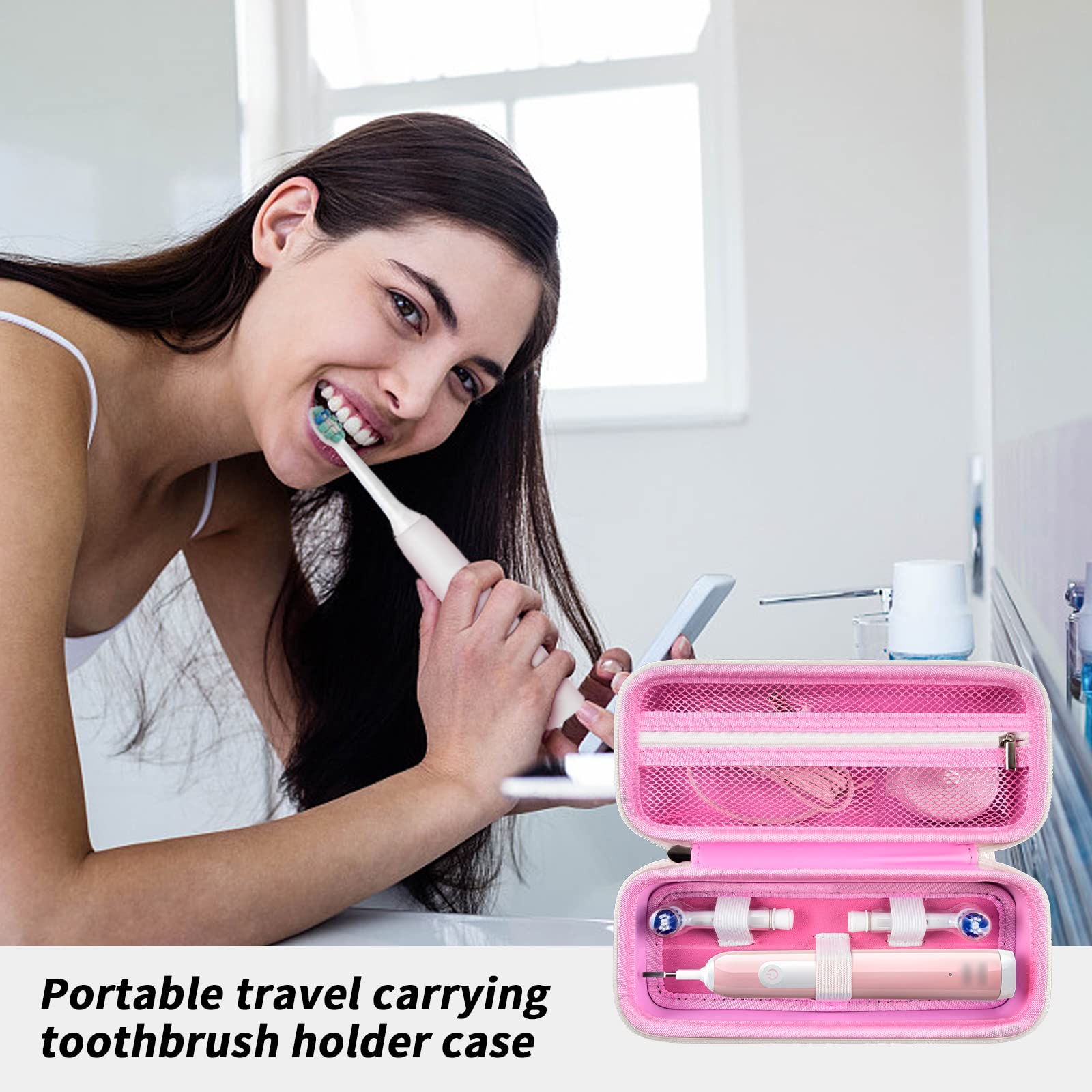 Woman using an electric toothbrush beside the open pink travel case