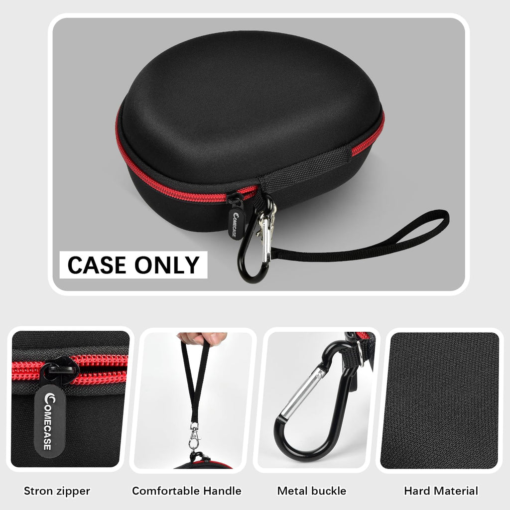 Black headphone case with wrist strap, zipper, metal clip, and hard shell details; case only