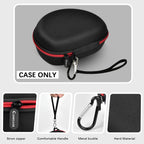 Black headphone case with wrist strap, zipper, metal clip, and hard shell details; case only