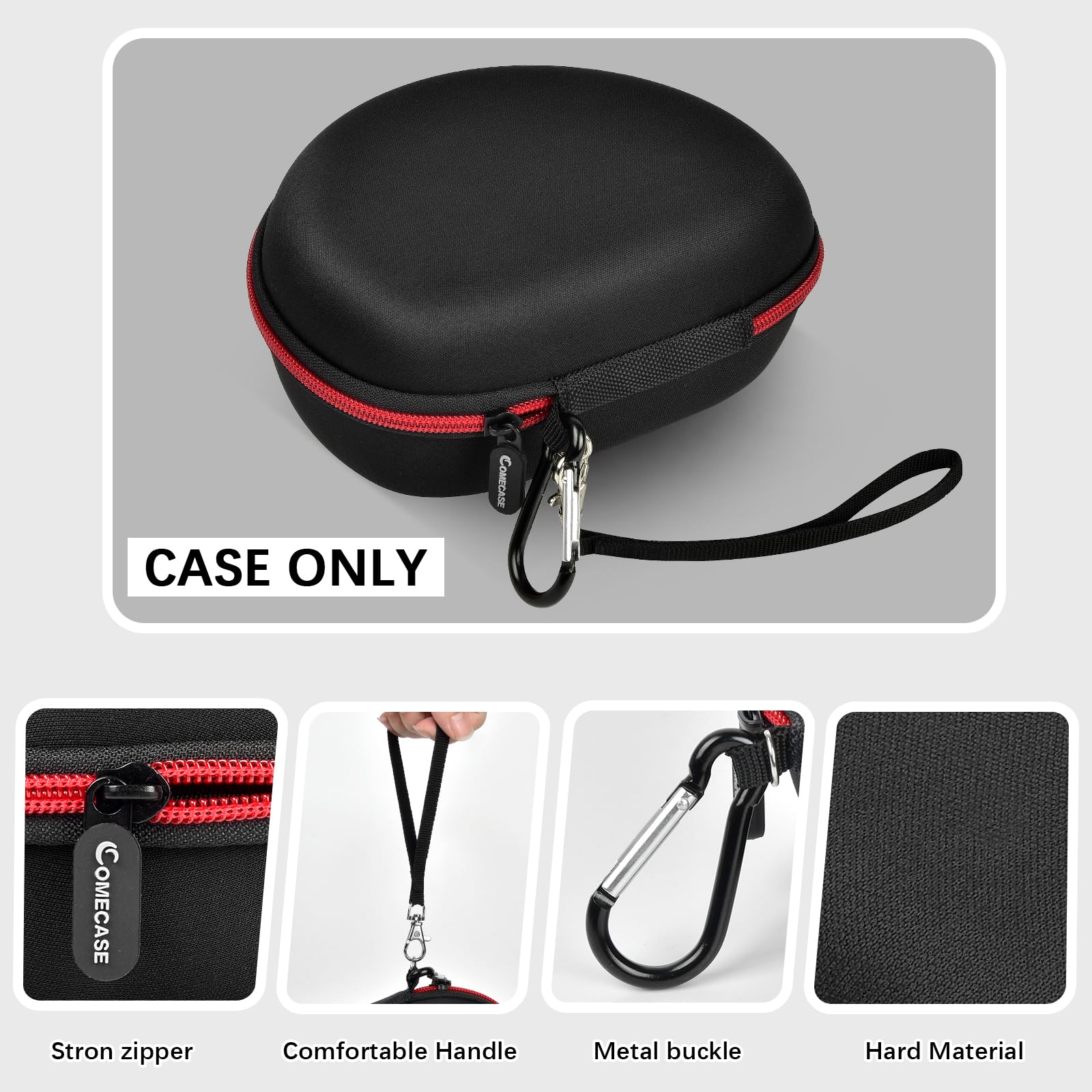 Black headphone case with wrist strap, zipper, metal clip, and hard shell details; case only
