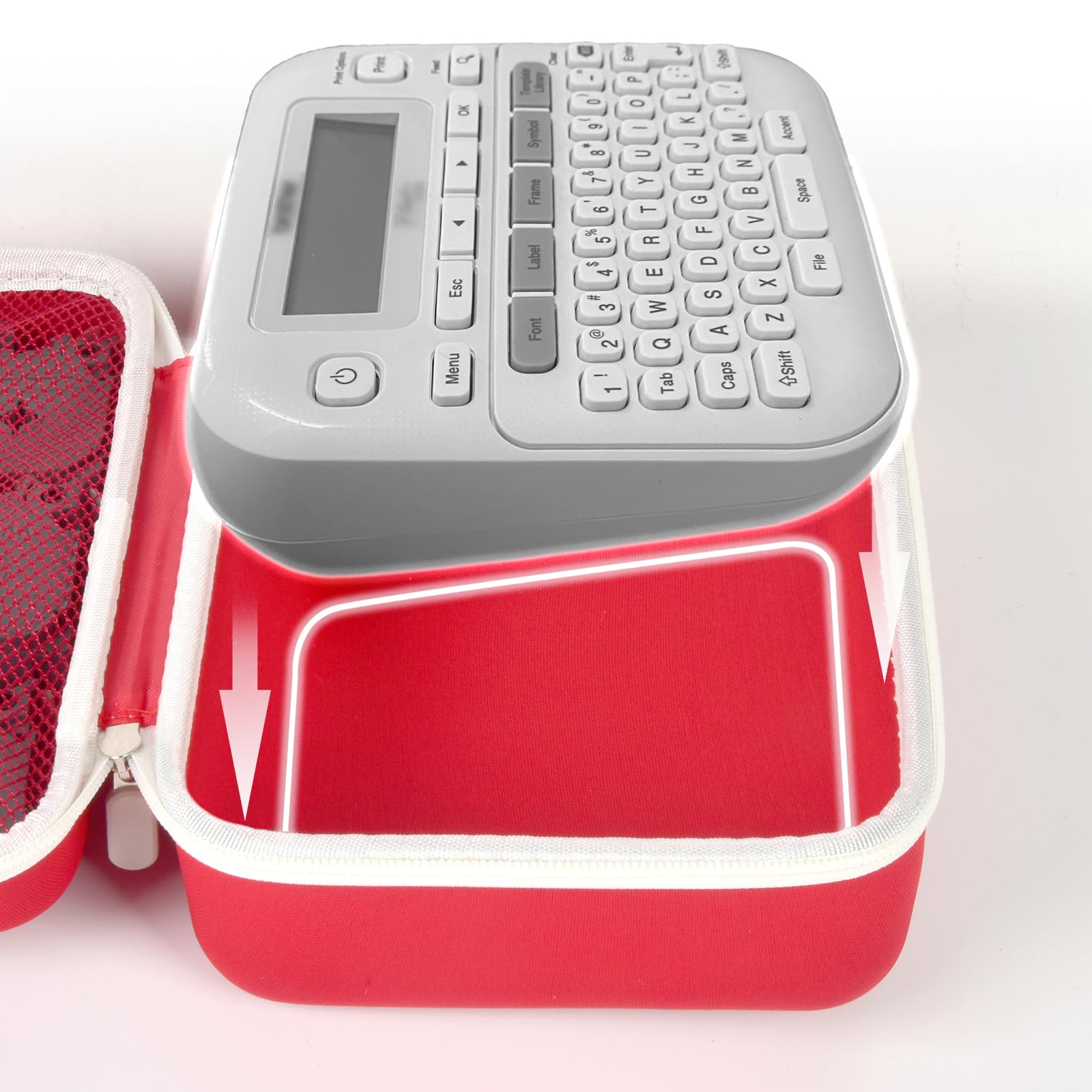 P-touch label maker fitted inside the red and white carrying case
