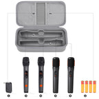 Open light gray JBL PartyBox wireless microphone case with dual mic compartments and battery storage
