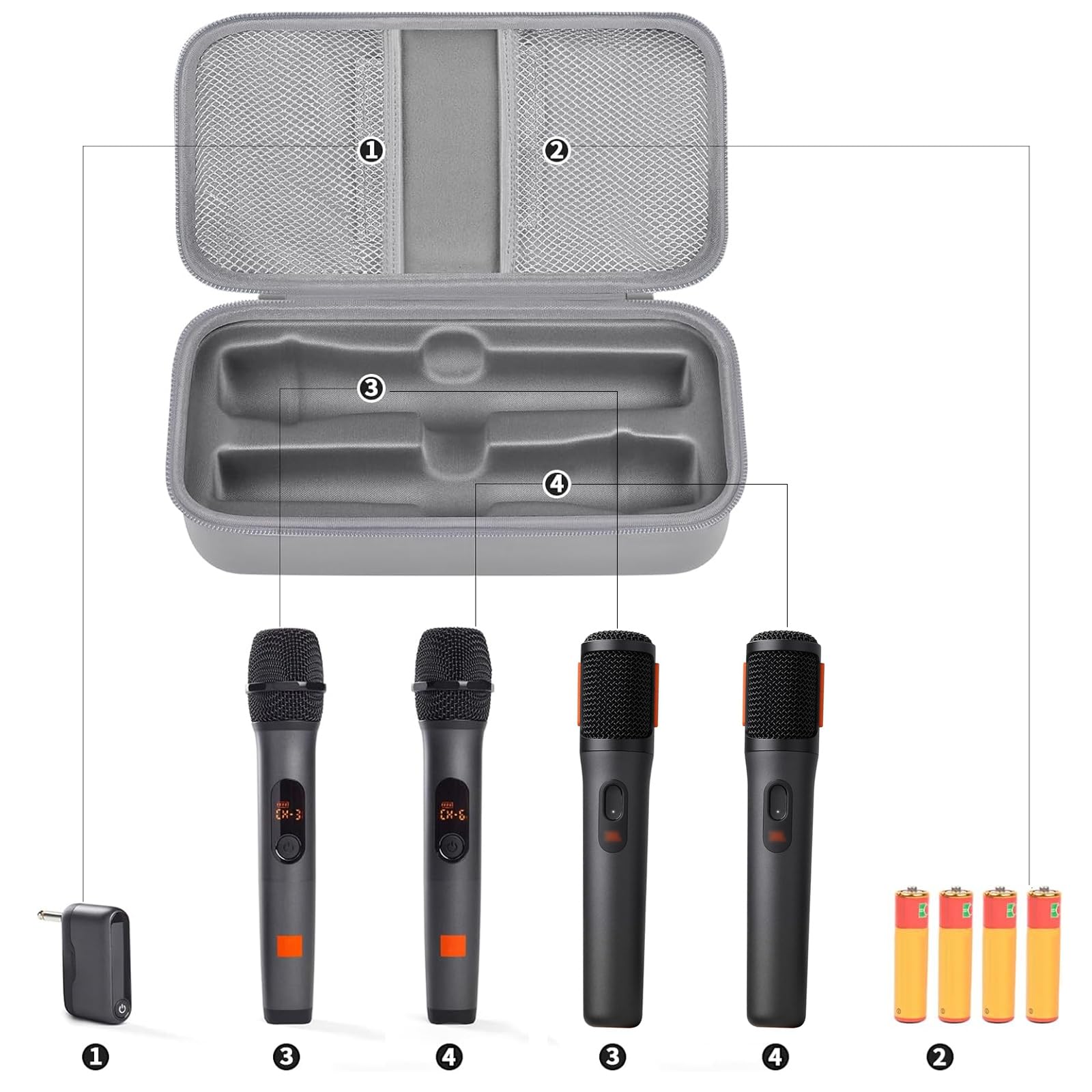 Open light gray JBL PartyBox wireless microphone case with dual mic compartments and battery storage