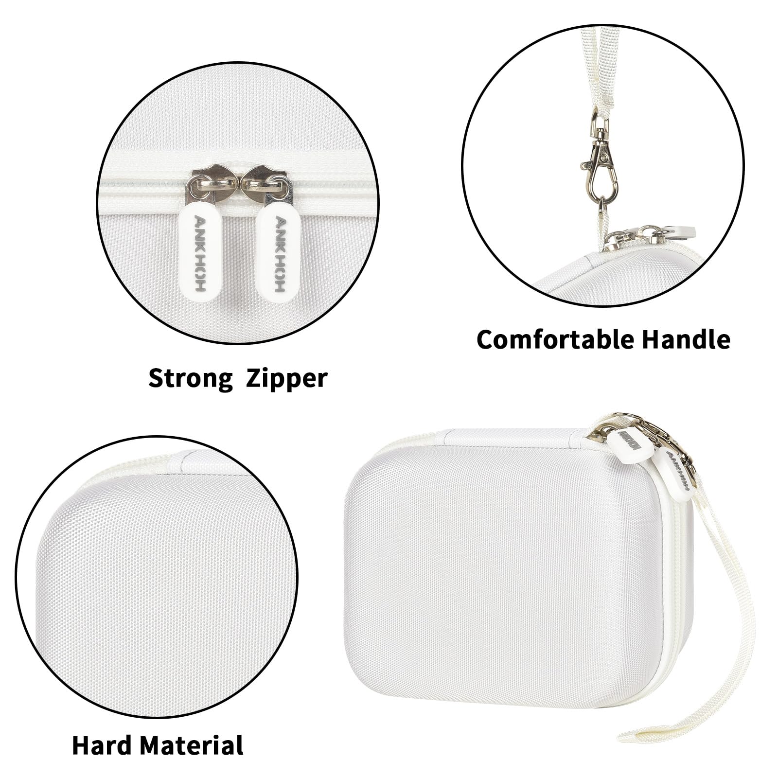 White mini printer case with strong zipper, carrying strap, and hard protective shell