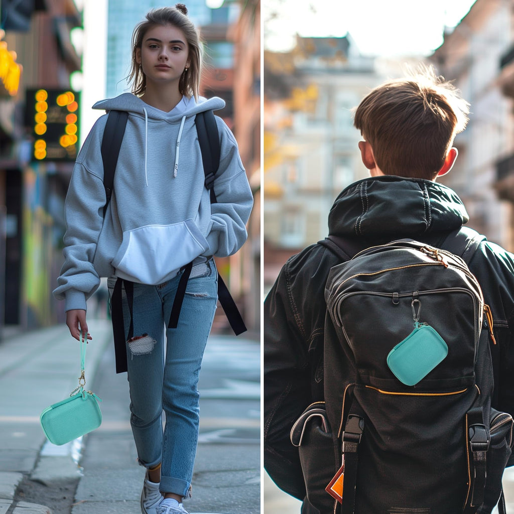 Mint green JBL Go speaker case carried by hand and attached to a backpack