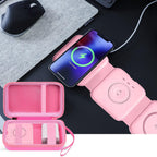 Open pink organizer beside a foldable magnetic charging station in use on a desk
