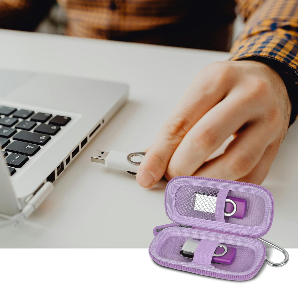 Lavender USB flash drive and SD card storage case open beside a laptop during use