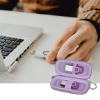 Lavender USB flash drive and SD card storage case open beside a laptop during use
