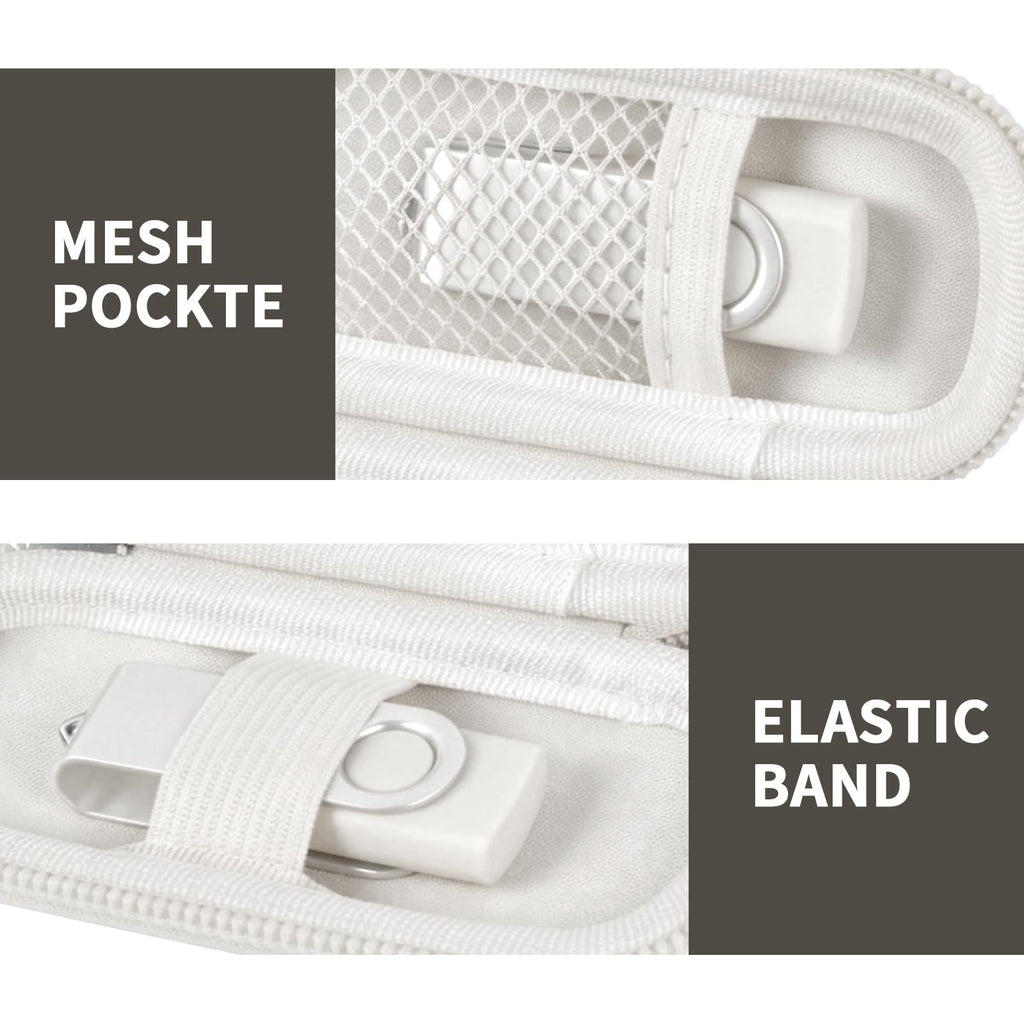 White USB flash drive and SD card storage case mesh pocket and elastic strap interior