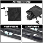 Black slim toothbrush case with accessory pouch, mesh pocket, and elastic retaining band