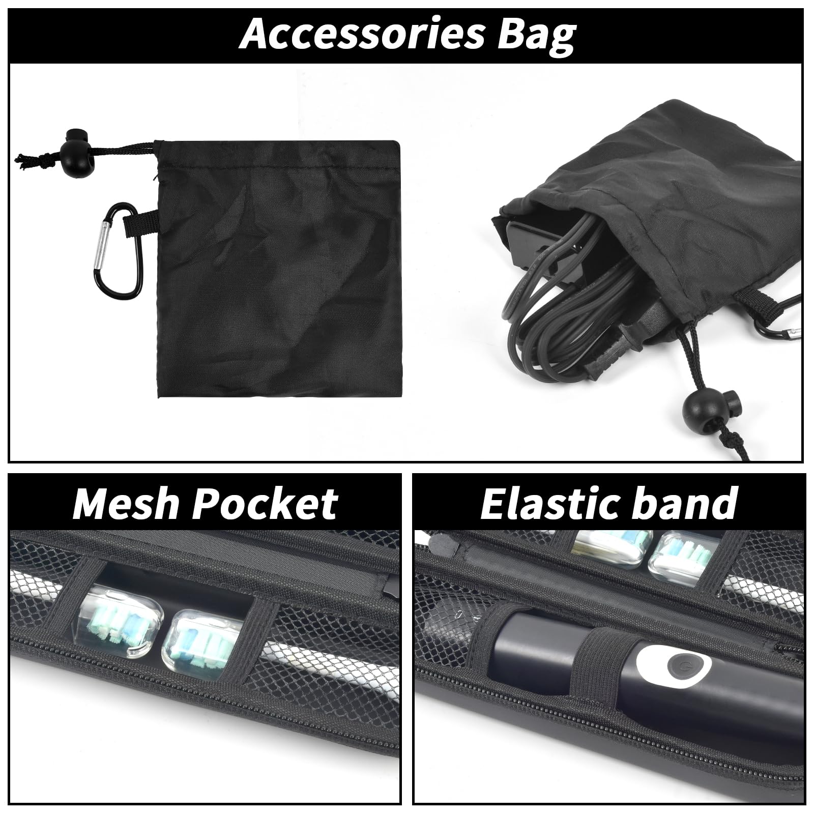 Black slim toothbrush case with accessory pouch, mesh pocket, and elastic retaining band