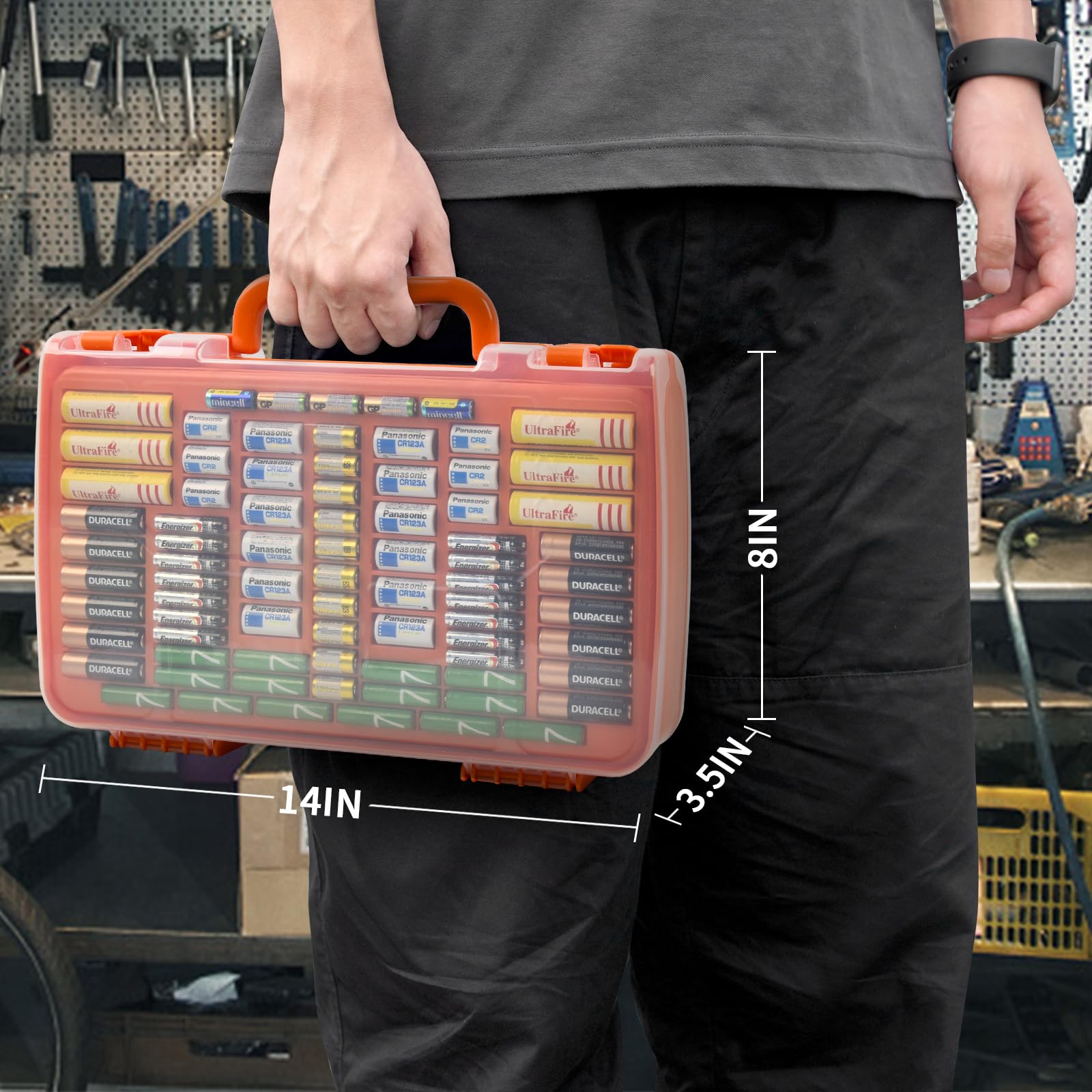 Orange 269-slot battery organizer case carried by the handle with case dimensions shown
