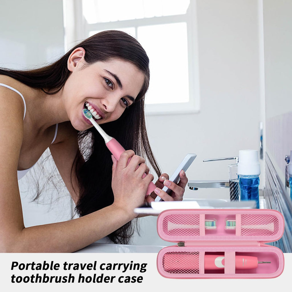 Woman using an electric toothbrush beside the open pink slim case